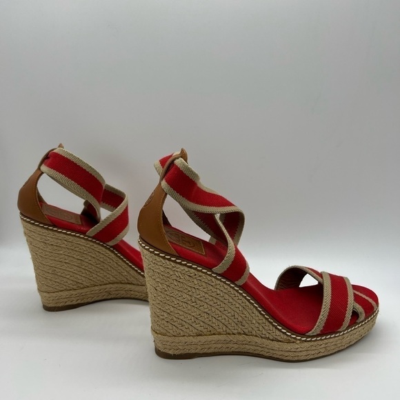 TORY BURCH WOMENS RED AND TAN WEDGE ADONIS WEDGE ESPADRILLES SIZE 10B - Picture 4 of 13